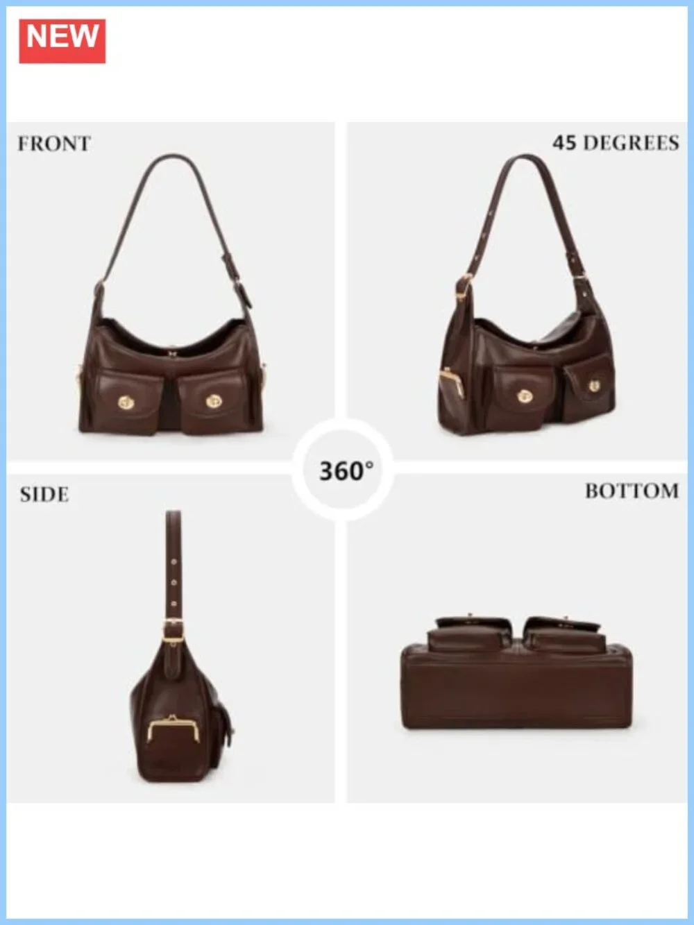 Large Hobo Shoulder Bag Faux Leather Multi-Pocket Turn Lock Everyday Purse